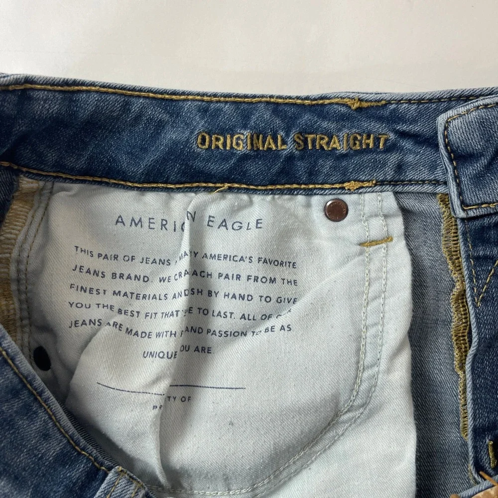 American Eagle Jeans Men 32x32 Blue Original Straight Medium Wash Whisker Grunge